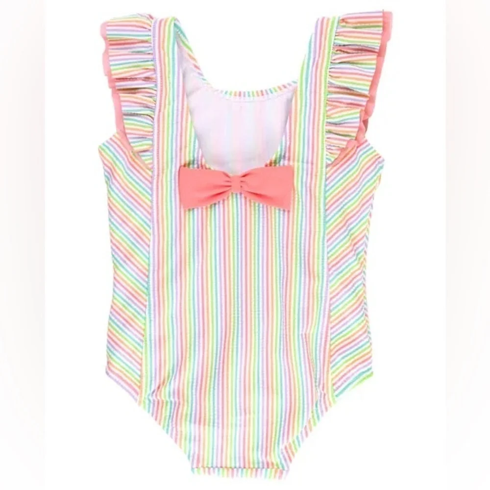 RuffleButts Seersucker Waterfall One Piece Swimsuit pastel bow rainbow girls